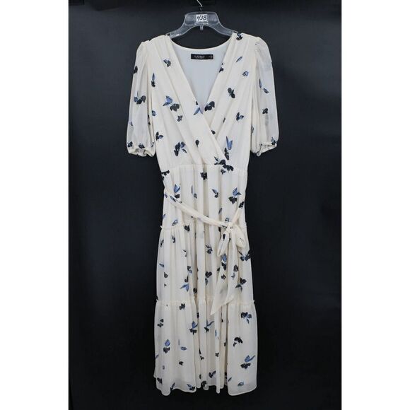 LAUREN RALPH LAUREN BLACK LABEL DRESS BLUE FLORAL SURPLICE TIE WAIST SIZE 8 - Picture 1 of 9